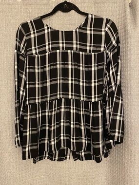 a.n.a Black and White Plaid Peplum Blouse
